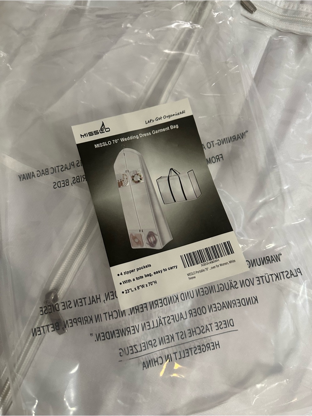 Amazon White 70" Wedding Dress Garment Bag with Clear Window- never used